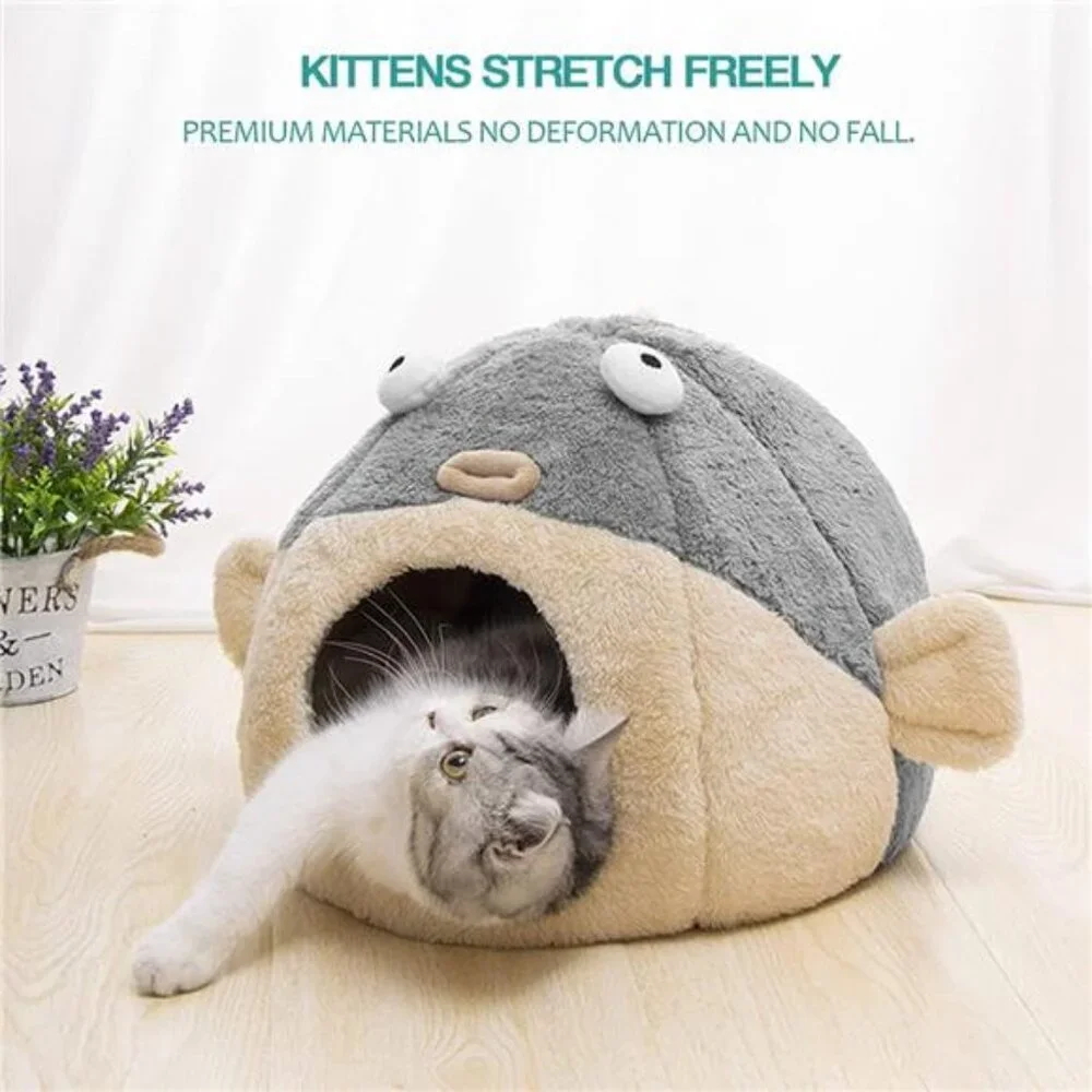 Cat Bed Cave Indoor for Cats with Removable Pillow Super Soft Tent Pufferfish